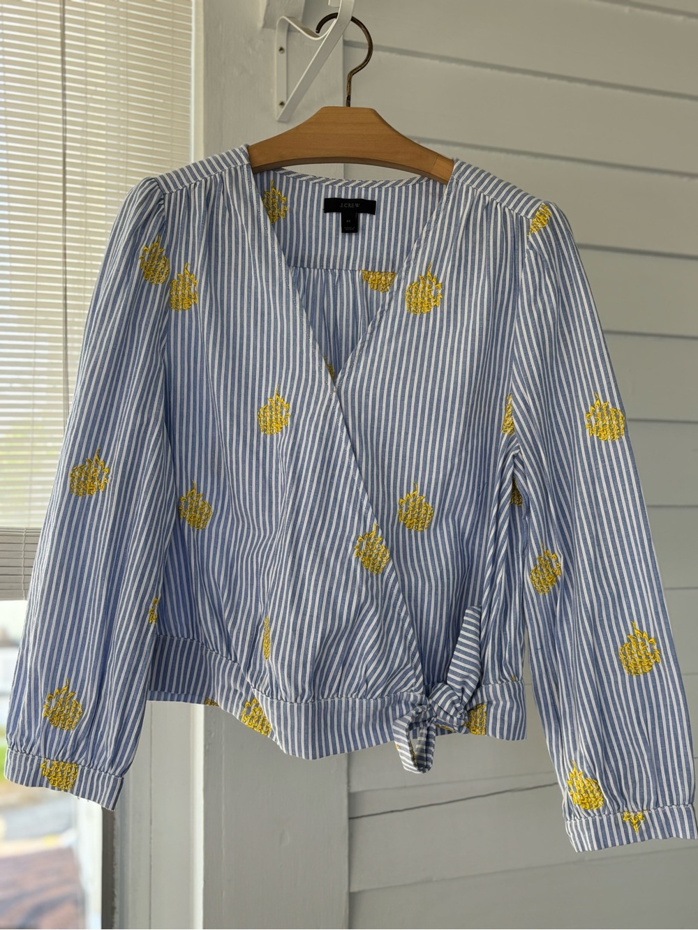 J. Crew Blue and White Striped Wrap Top with Yellow Embroidery